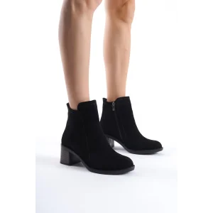 LARISSA Fermuarlı Ortopedik Taban Topuklu Süet Kadın Bot  ST - Siyah