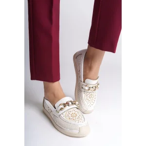 LAYLA Bağcıksız Ortopedik Rahat Taban Çiçek Desenli Kadın Babet Ayakkabı  KT - Beyaz