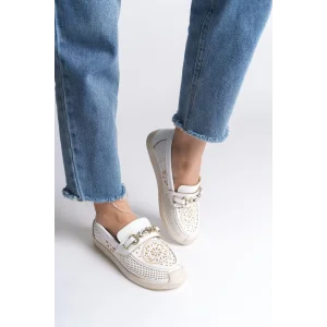 LILY Bağcıksız Ortopedik Rahat Taban Çiçek Desenli Kadın Babet Ayakkabı  KT - Beyaz