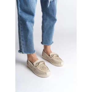 LILY Bağcıksız Ortopedik Rahat Taban Çiçek Desenli Kadın Babet Ayakkabı KT - Krem