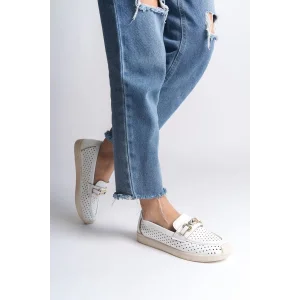 LILY Bağcıksız Ortopedik Rahat Taban Kalp Desenli Kadın Babet Ayakkabı  KT - Beyaz