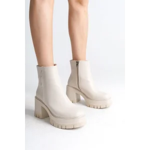 LISSE Fermuarlı Ortopedik Taban Kalın Topuklu Kadın Bot KT - Krem