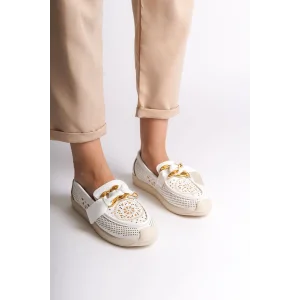 LYDIA Bağcıksız Ortopedik Rahat Taban Çiçek Desenli Kadın Babet Ayakkabı  KT - Beyaz