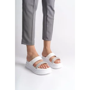 SARAH Düz Topuklu Taşlı Şeritli Kalın ve Ortopedik Taban Kadın Terlik  BT - Beyaz