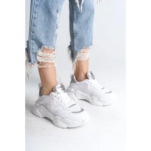 TOKYO Bağcıklı Ortopedik Taban Triko Detaylı Kadın Spor Ayakkabı  BT - Beyaz/Gri