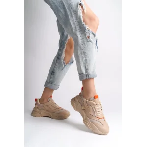 TOKYO Bağcıklı Ortopedik Taban Triko Detaylı Kadın Spor Ayakkabı  TT - Ten/Turuncu