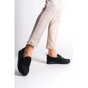 VIOLET Bağcıklı Lastikli Ortopedik Rahat Taban Cilt Detaylı Klasik Kadın Babet Anne Ayakkabısı ST - Siyah