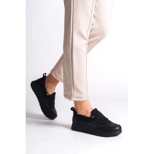 VIOLET Bağcıklı Lastikli Ortopedik Rahat Taban Taş Detaylı Klasik Kadın Babet Anne Ayakkabısı  ST - Siyah