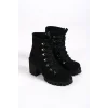 EMMA Bağcıklı Fermuarlı Ortopedik Taban Topuklu Süet Kadın Bot  SST - Siyah