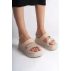 SARAH Düz Topuklu Taşlı Şeritli Kalın ve Ortopedik Taban Kadın Terlik  KT - Krem