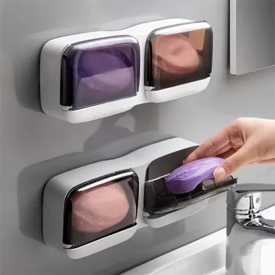 2 Li Yapışkanlı Modern Sabunluk Şeffaf Kapaklı Kendinden Boşaltmalı Su Tutmaz Katı Sabunluk