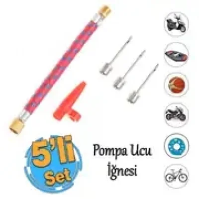 Pompa Ucu İğne Seti 5li Hortum Bağlantılı Bisiklet Top Yat Şambrel Teker