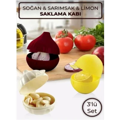 Lüks Kaliteli 3’lü Soğan Sarımsak Limon Saklama Kabı Seti – Koku Geçirmez