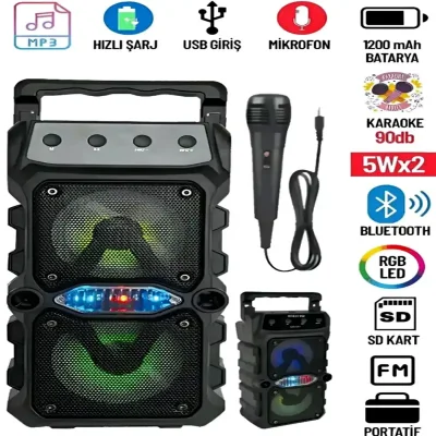 Bluetooth Hoparlör Mikrofonlu Parti Hoparlörü Ekstra Bass Işıklı Ses Bombası FM Radyo USB SD Girişli