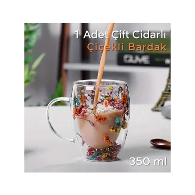 Çift Cidarlı İçi Çiçekli Bardak Kupa Fincan