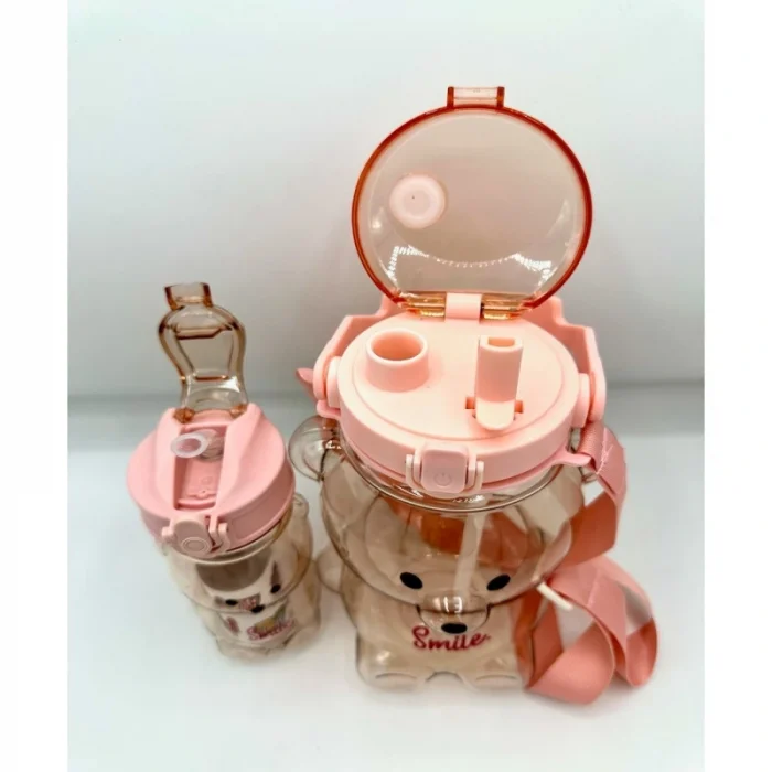 2li Şeffaf Smile Ayıcık Su Matarası 1000+400ml Çocuk Su Şişesi Pipetli Sızdırmaz Kapaklı Suluk Seti