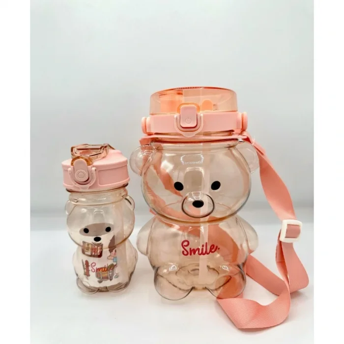 2li Şeffaf Smile Ayıcık Su Matarası 1000+400ml Çocuk Su Şişesi Pipetli Sızdırmaz Kapaklı Suluk Seti