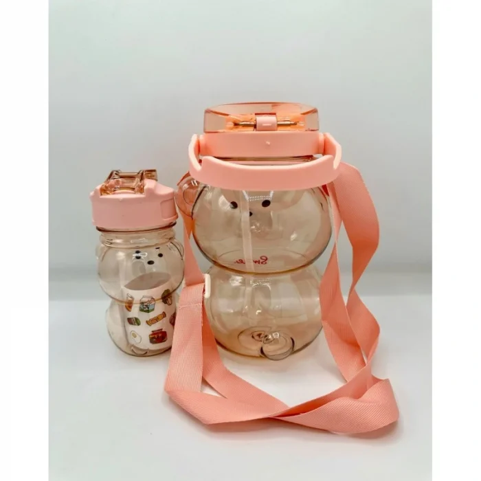 2li Şeffaf Smile Ayıcık Su Matarası 1000+400ml Çocuk Su Şişesi Pipetli Sızdırmaz Kapaklı Suluk Seti