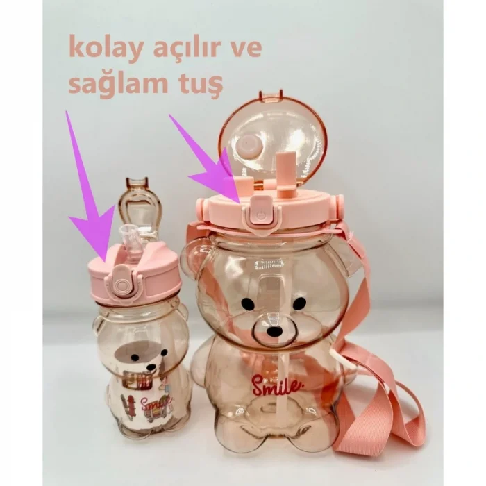 2li Şeffaf Smile Ayıcık Su Matarası 1000+400ml Çocuk Su Şişesi Pipetli Sızdırmaz Kapaklı Suluk Seti