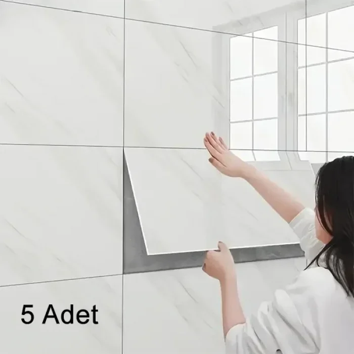 5 Adet Beyaz Mermer Desenli Alüminyum Duvar Köpük Sticker 60 x 30 Cm