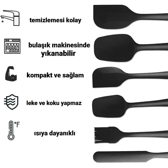 6 Adet Silikon Servis Spatula Seti Siyah Renk