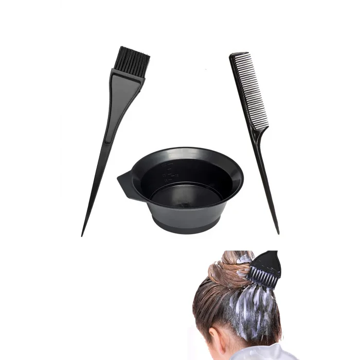 3 lü Set Saç Boyası Kabı Tası Boya Fırçası Ve Krepe Tarak Kuaför Saç Açıcı Boyama Kabı Seti