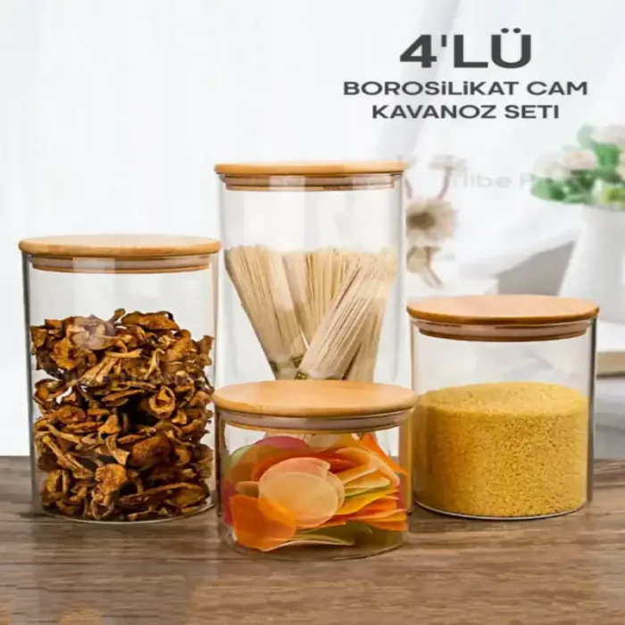 Vakumlu Bambu Kapaklı Cam Kavanoz Borosilikat Cam Vakumlu Baharatlık Saklama Kabı Organizer
