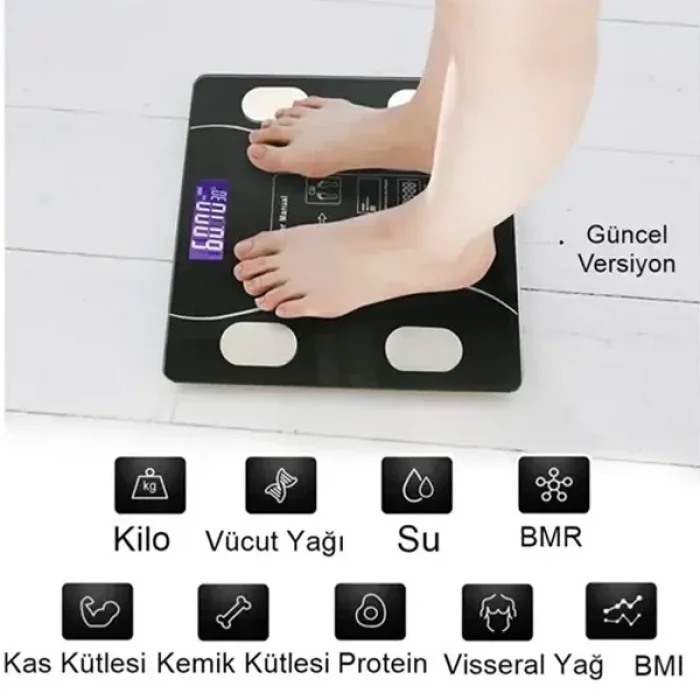 Dijital Baskül Yağ Su Kas Vücut Kitle Endeksi Kilo Ölçer Tartı Vücut Analiz Cihazı Akıllı Tartı