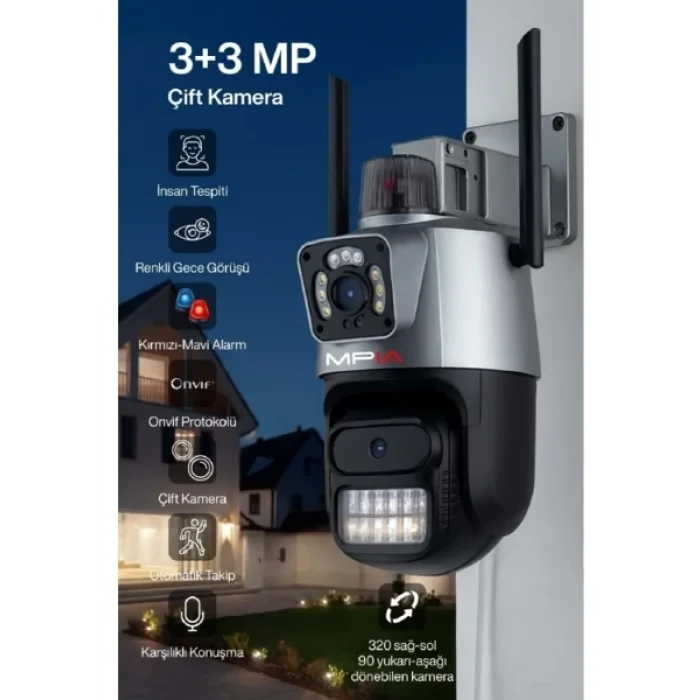 3 Mp + 3 Mp Çift Lens Wi-Fi Tf Kart Girişli Güvenlik Kamerası