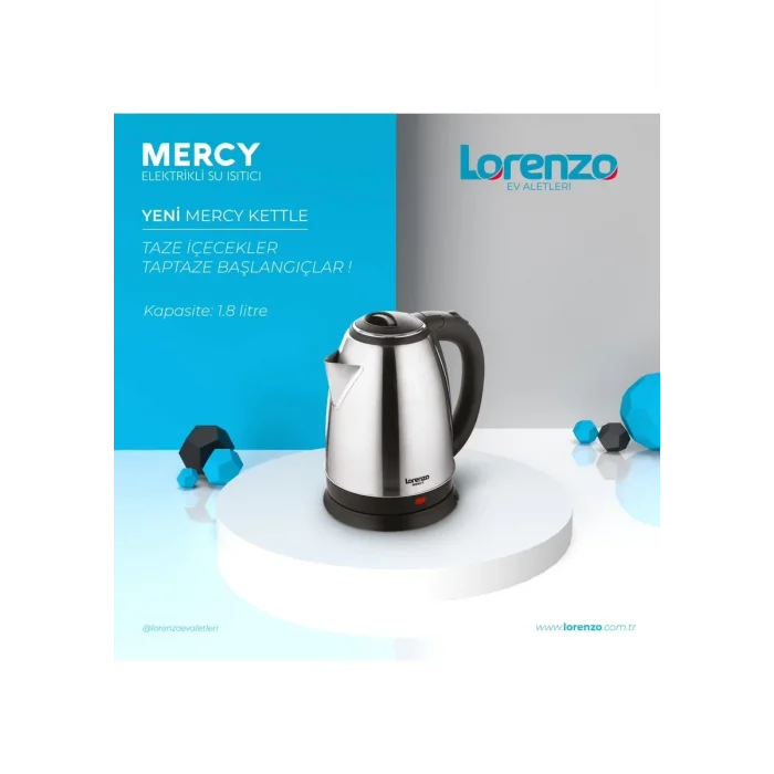 Lorenzo Çelik Kettle 1,8 L Kapasite Gizli Rezistans ve Otomatik Kapanma Özelliğiyle