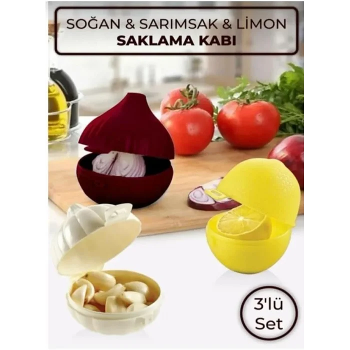 Lüks Kaliteli 3’lü Soğan Sarımsak Limon Saklama Kabı Seti – Koku Geçirmez