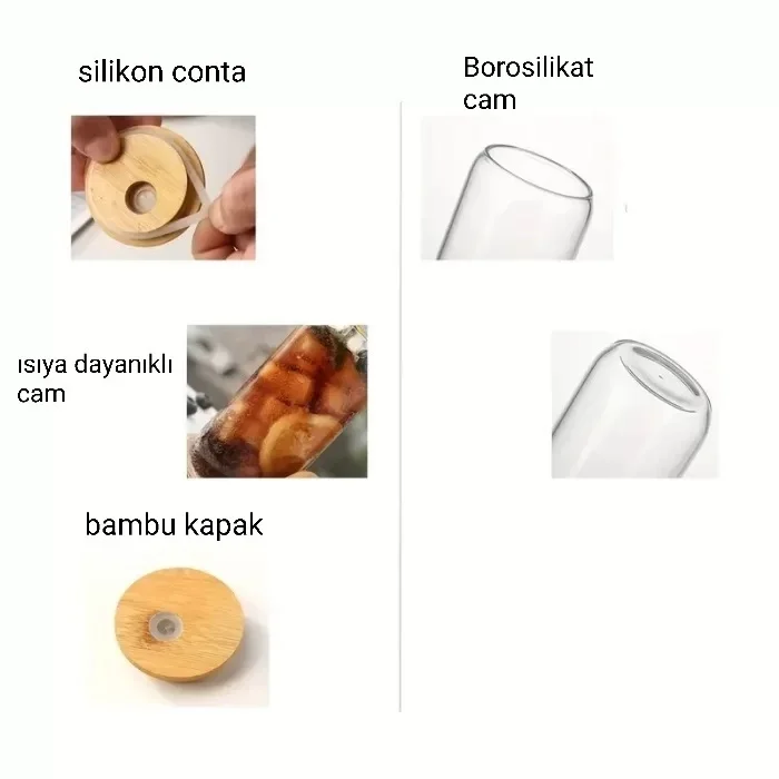 Bambu Kapaklı Pipetli Isıya Dayanıklı Cam Bardak 550 ml