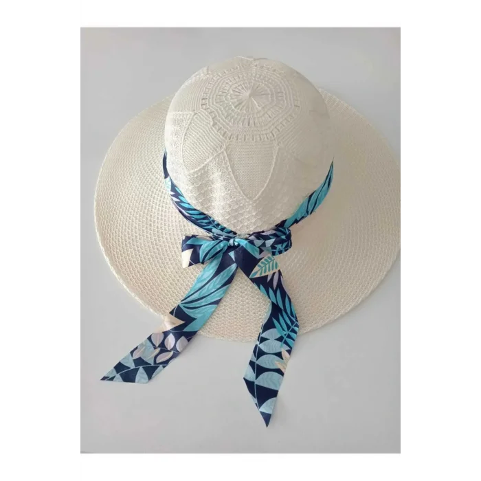 Bayan Plaj Güneş Şapkası Beyaz Renk Kurdaleli