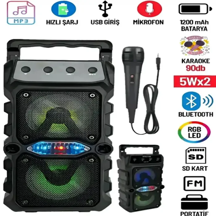 Bluetooth Hoparlör Mikrofonlu Parti Hoparlörü Ekstra Bass Işıklı Ses Bombası FM Radyo USB SD Girişli