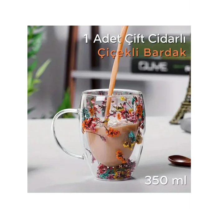 Çift Cidarlı İçi Çiçekli Bardak Kupa Fincan