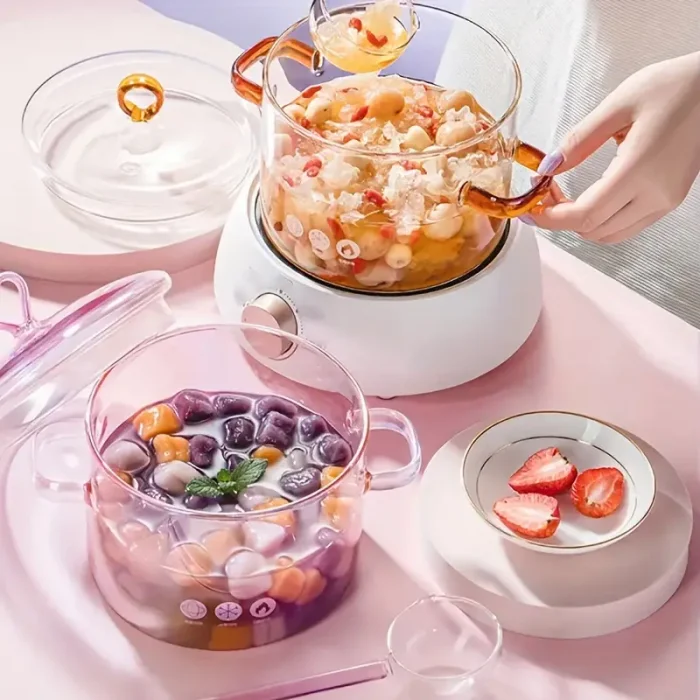 Pembe Cam Tencere Isıya Dayanıklı Borosilikat Termisil Ocak Üstü Kulplu 1500 ml