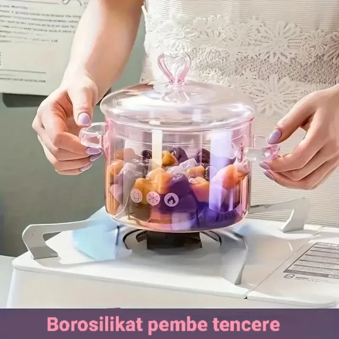 Pembe Cam Tencere Isıya Dayanıklı Borosilikat Termisil Ocak Üstü Kulplu 1500 ml