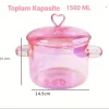 Pembe Cam Tencere Isıya Dayanıklı Borosilikat Termisil Ocak Üstü Kulplu 1500 ml