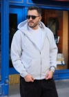 Gri Fermuarlı Kapüşonlu Sweatshirt