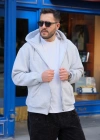 Gri Fermuarlı Kapüşonlu Sweatshirt