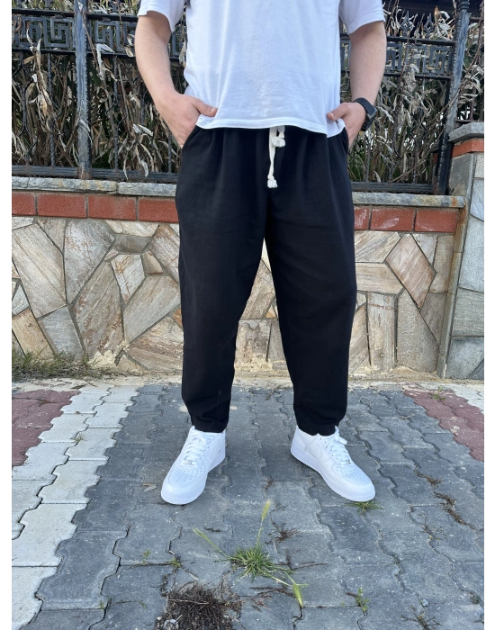 Bol Kalıp Siyah Keten Pantolon