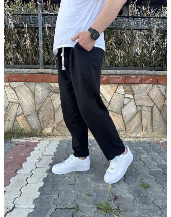 Bol Kalıp Siyah Keten Pantolon