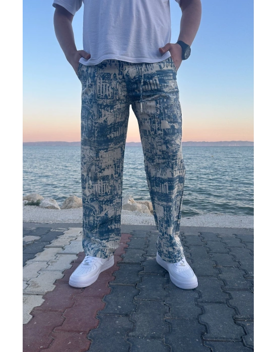 Dijital Baskı Mavi Renk Pantolon