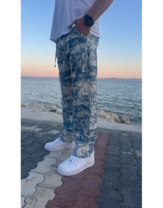 Dijital Baskı Mavi Renk Pantolon
