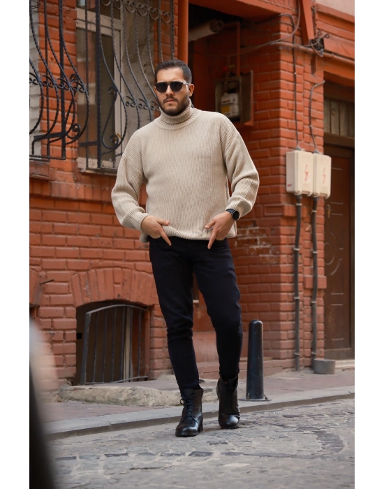 Bej Boğazlı Örme Kazak