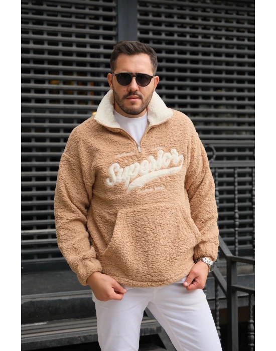 Bej Fermuarlı Peluş Sweatshirt