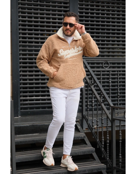 Bej Fermuarlı Peluş Sweatshirt