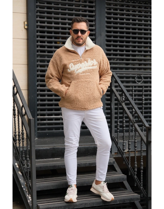 Bej Fermuarlı Peluş Sweatshirt