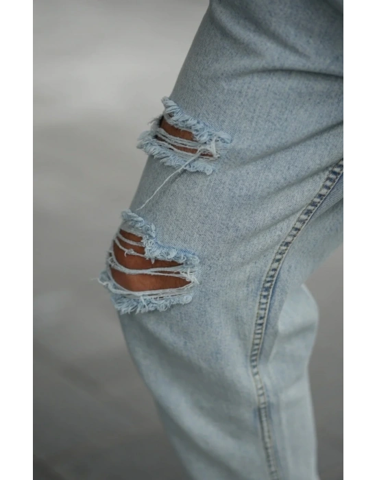 Buz Mavisi Yırtık Detaylı Pantolon