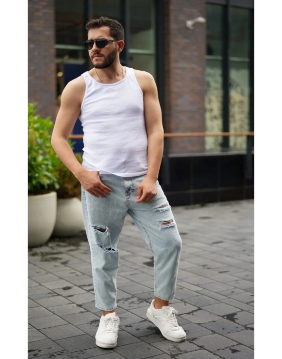 Buz Mavisi Yırtık Detaylı Pantolon